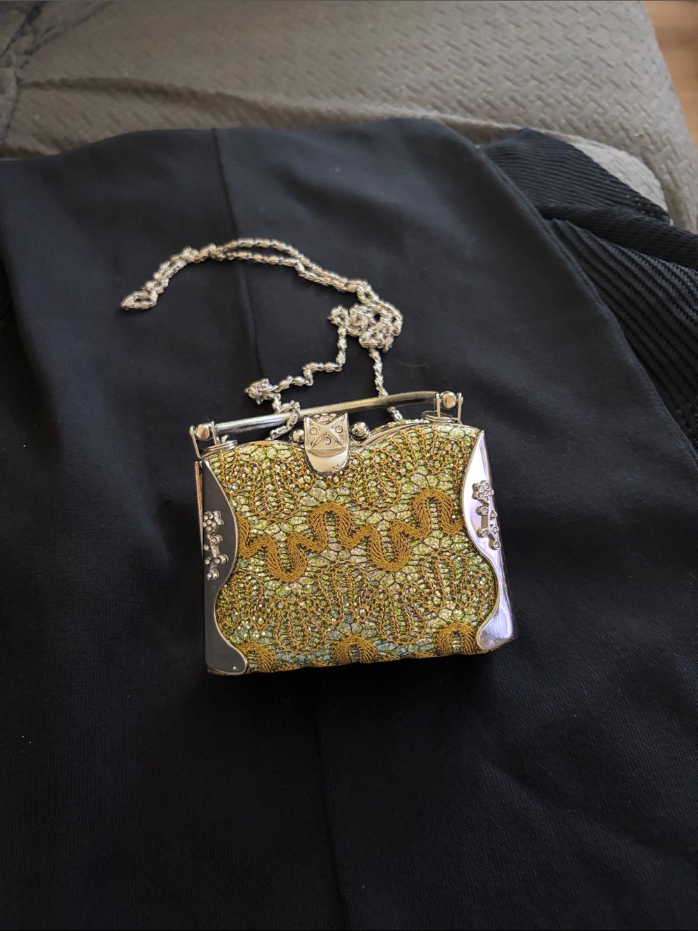 Beaded Gold Evening Crossbody Bag with Silver Hardware